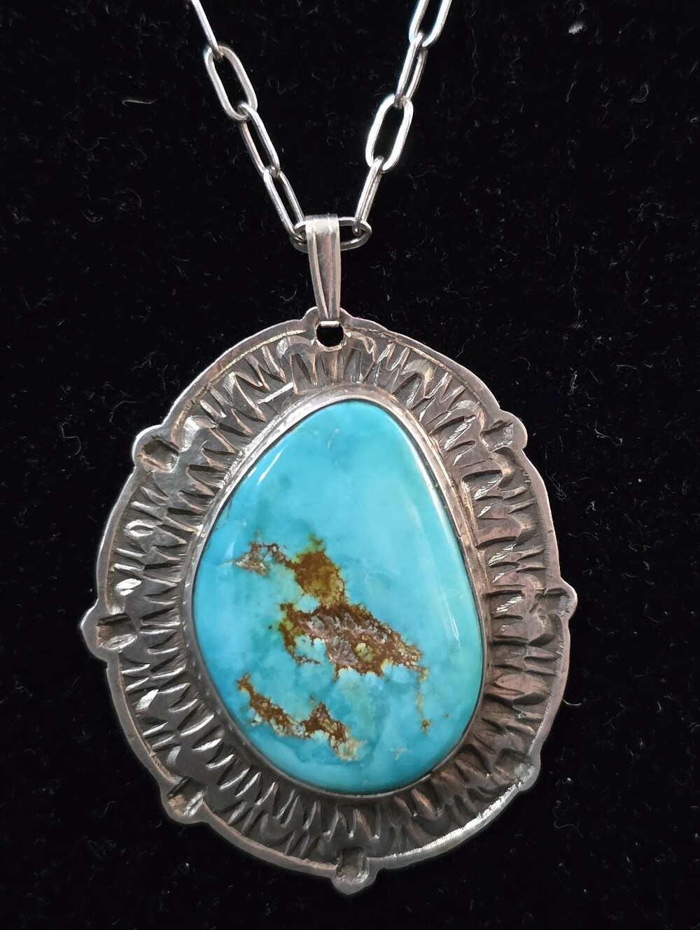 Jacob Troncosa Sterling Silver  Turquoise Pendant Necklace 24" Paperclip Chain